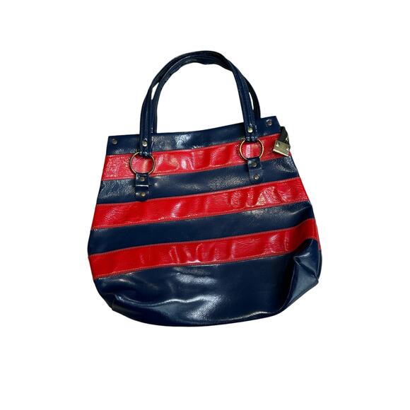 Vintage 90s Patent Leather Purse Red Navy Striped MONT Handle Bag - Picture 1 of 5